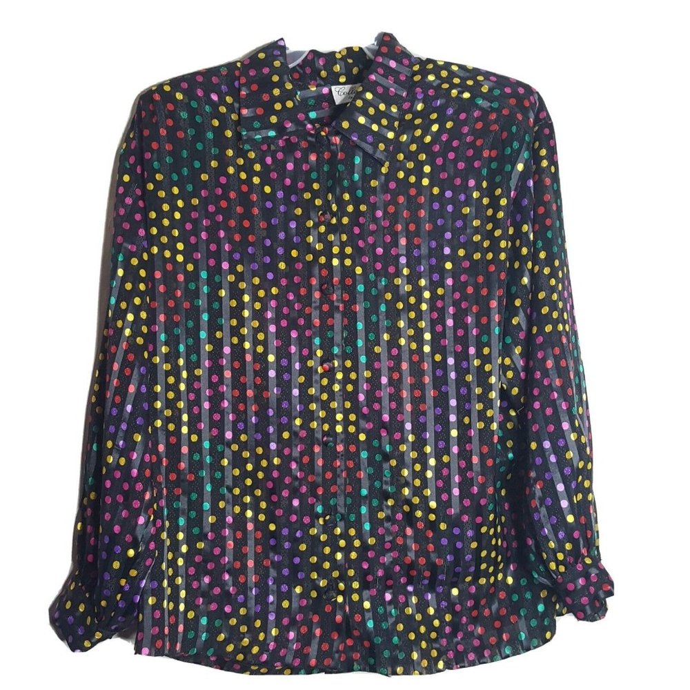 Vintage Plus Size 16 Sheer Polka Dot  Print Blouse Button Down by Josephine